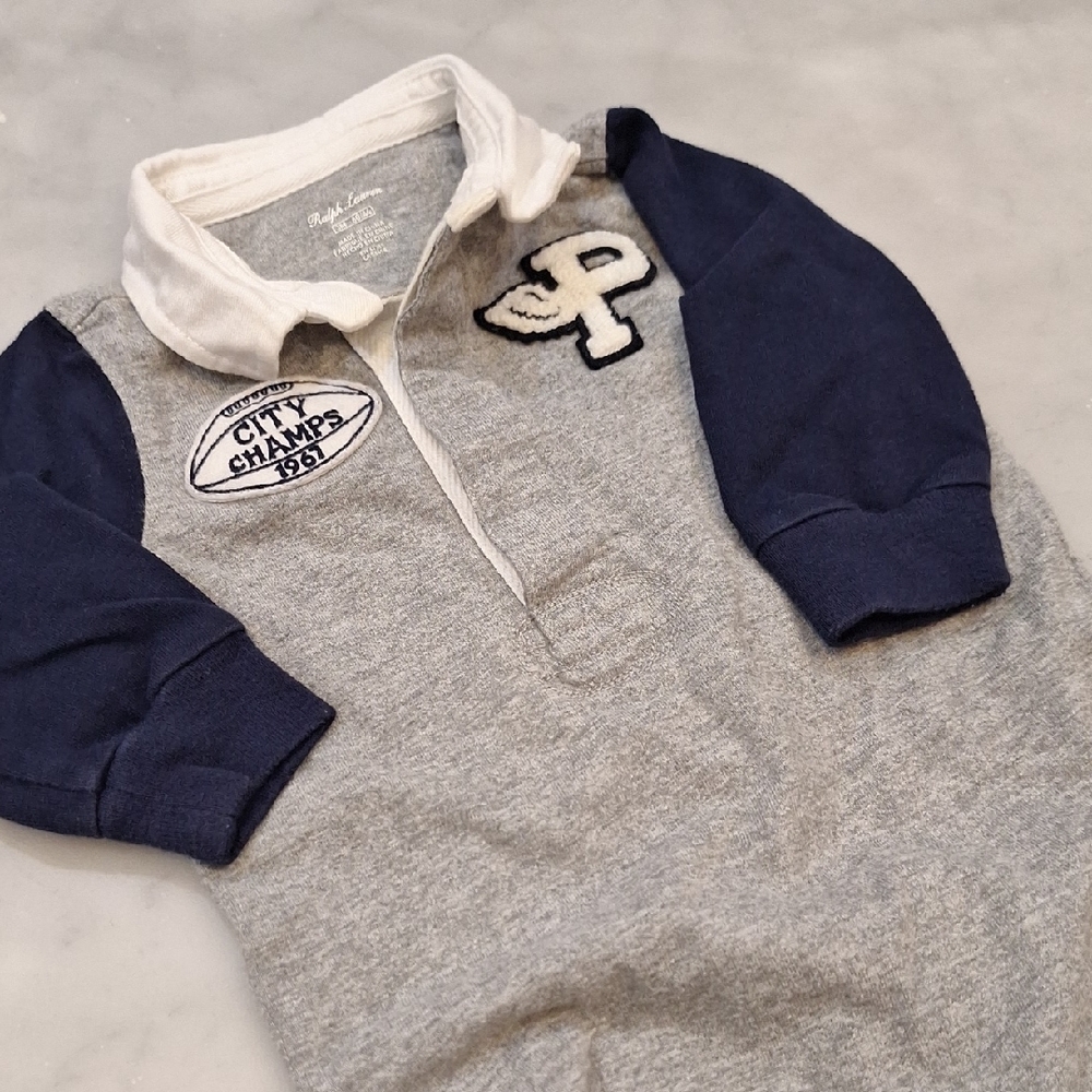 Polo Ralph Lauren Flying P Logo Baby One Piece Sz 3 Month Preppy Varsity Gray